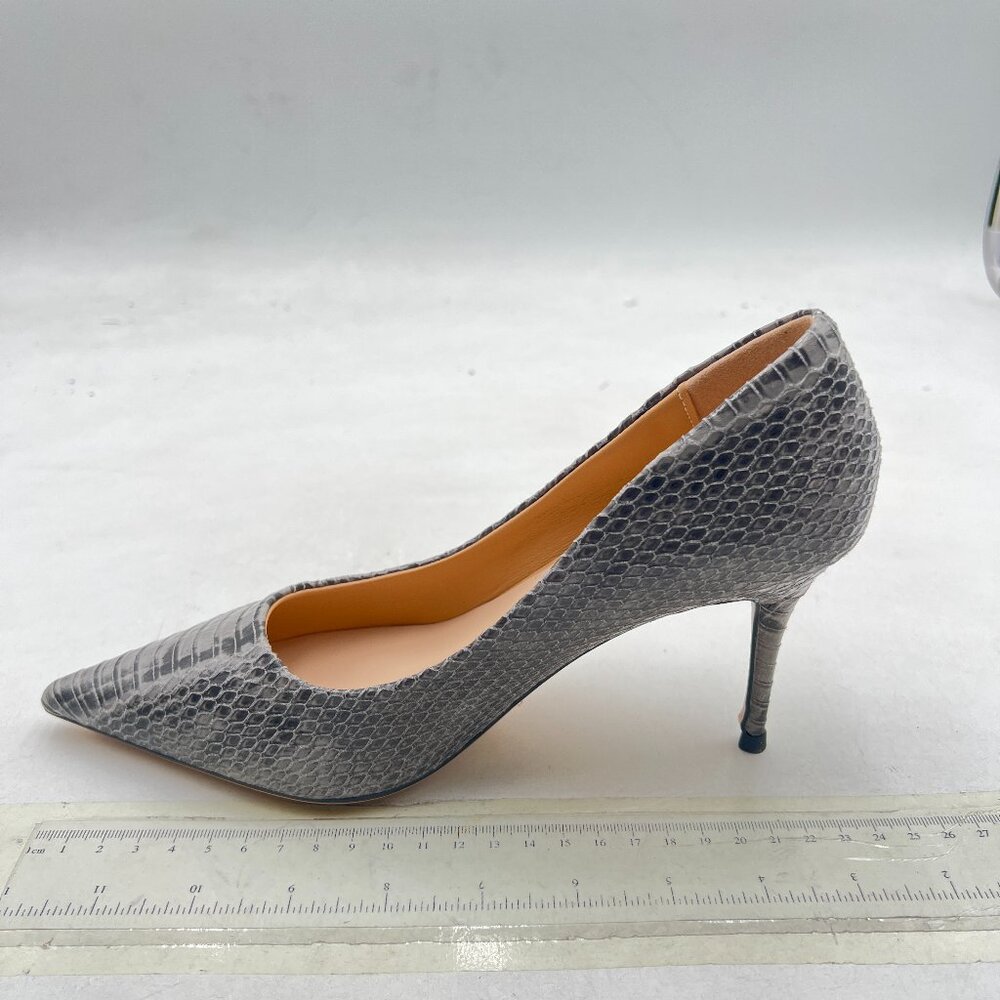 YDN Grey Snake Print Pointed Toe Mid Heel Pumps Slip on Slide Dress Shoe